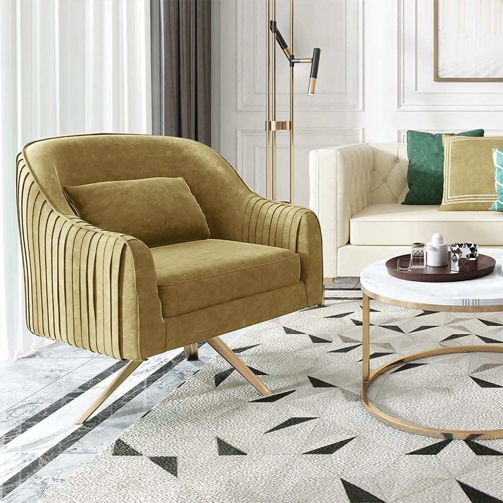 Yellow Solid Wood & Velvet Accent Chair