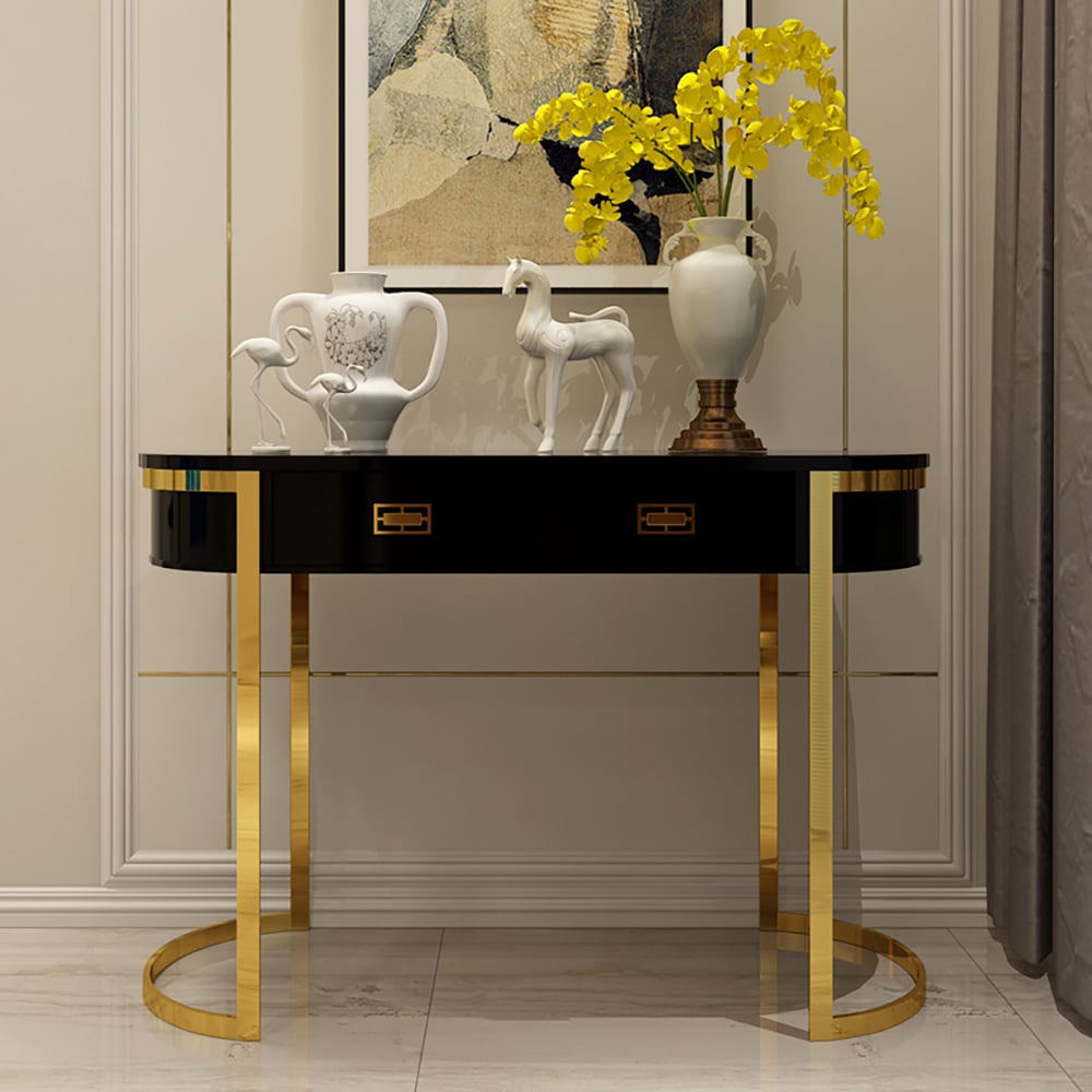 Questions and Answers for 39.4" Black Modern Console Table with Drawers and Double Stainless Steel Sled