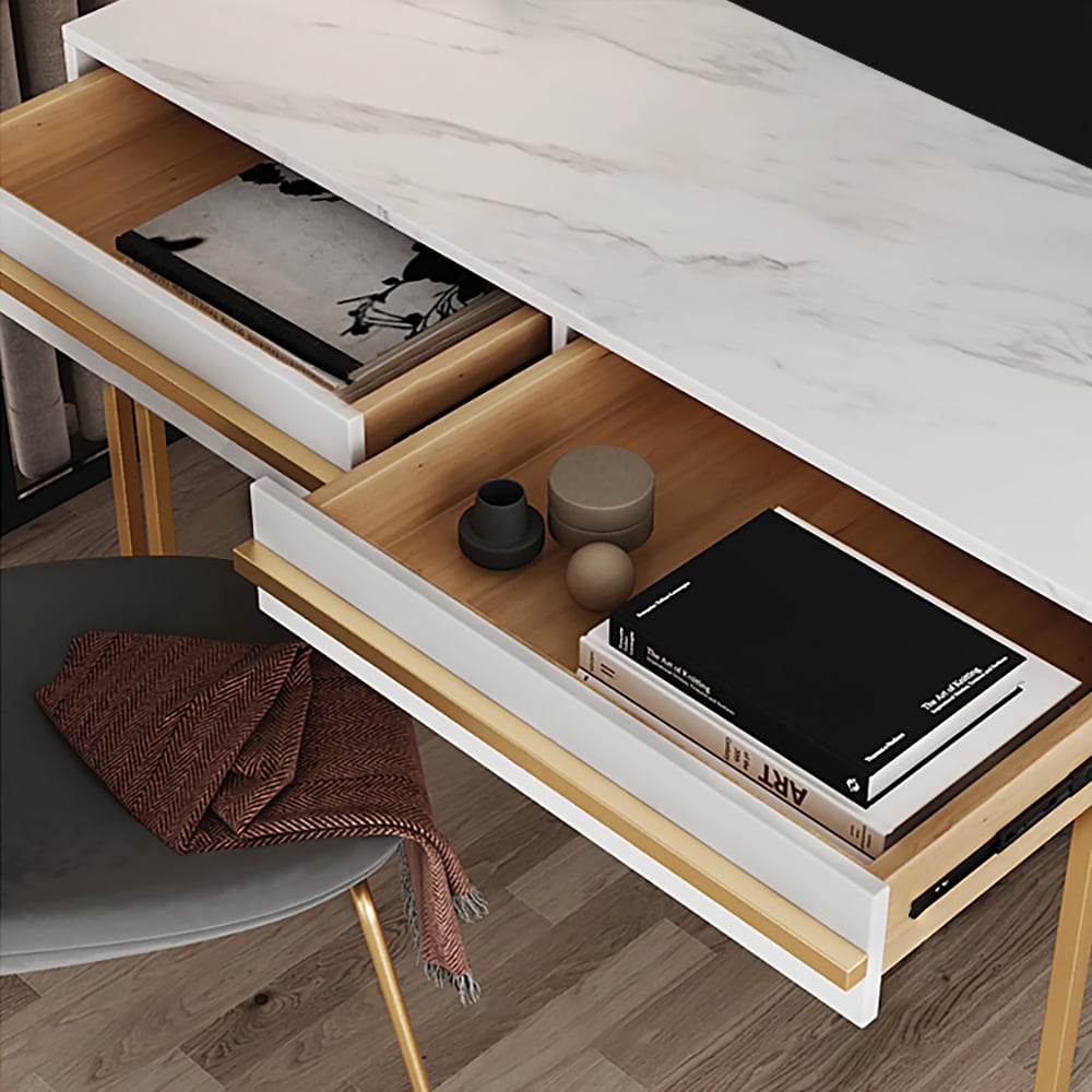 Questions and Answers for 1000mm Rectangular White Office Desk with Drawers Marble Veneer Top Gold Hardware