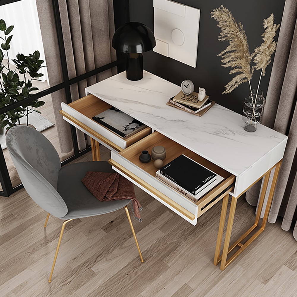 Questions and Answers for 1000mm Rectangular White Office Desk with Drawers Marble Veneer Top Gold Hardware