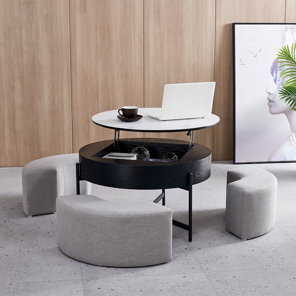 Questions and Answers for Modern Round Lift-Top Coffee Table with Storage & 3 Ottoman White & Black