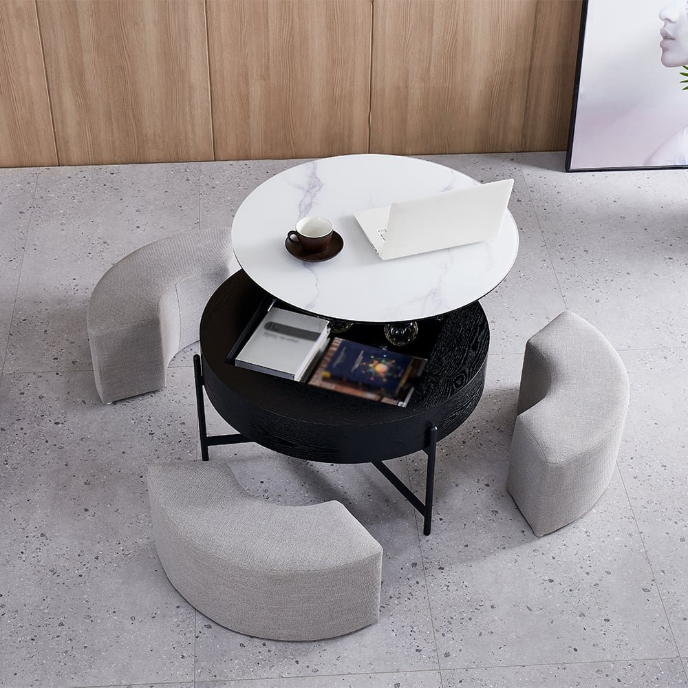 Questions and Answers for Modern Round Lift-Top Coffee Table with Storage & 3 Ottoman White & Black