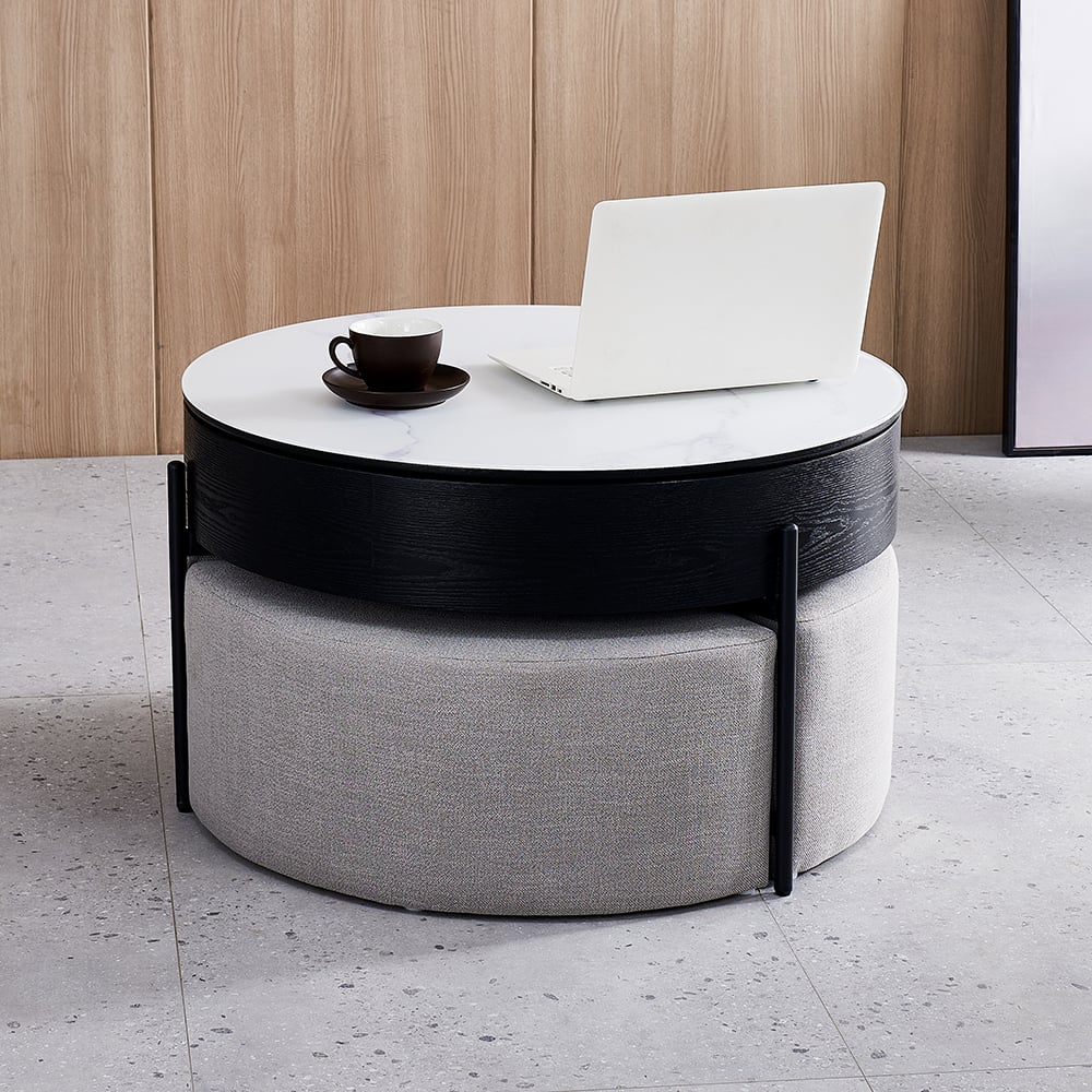 Questions and Answers for Modern Round Lift-Top Coffee Table with Storage & 3 Ottoman White & Black