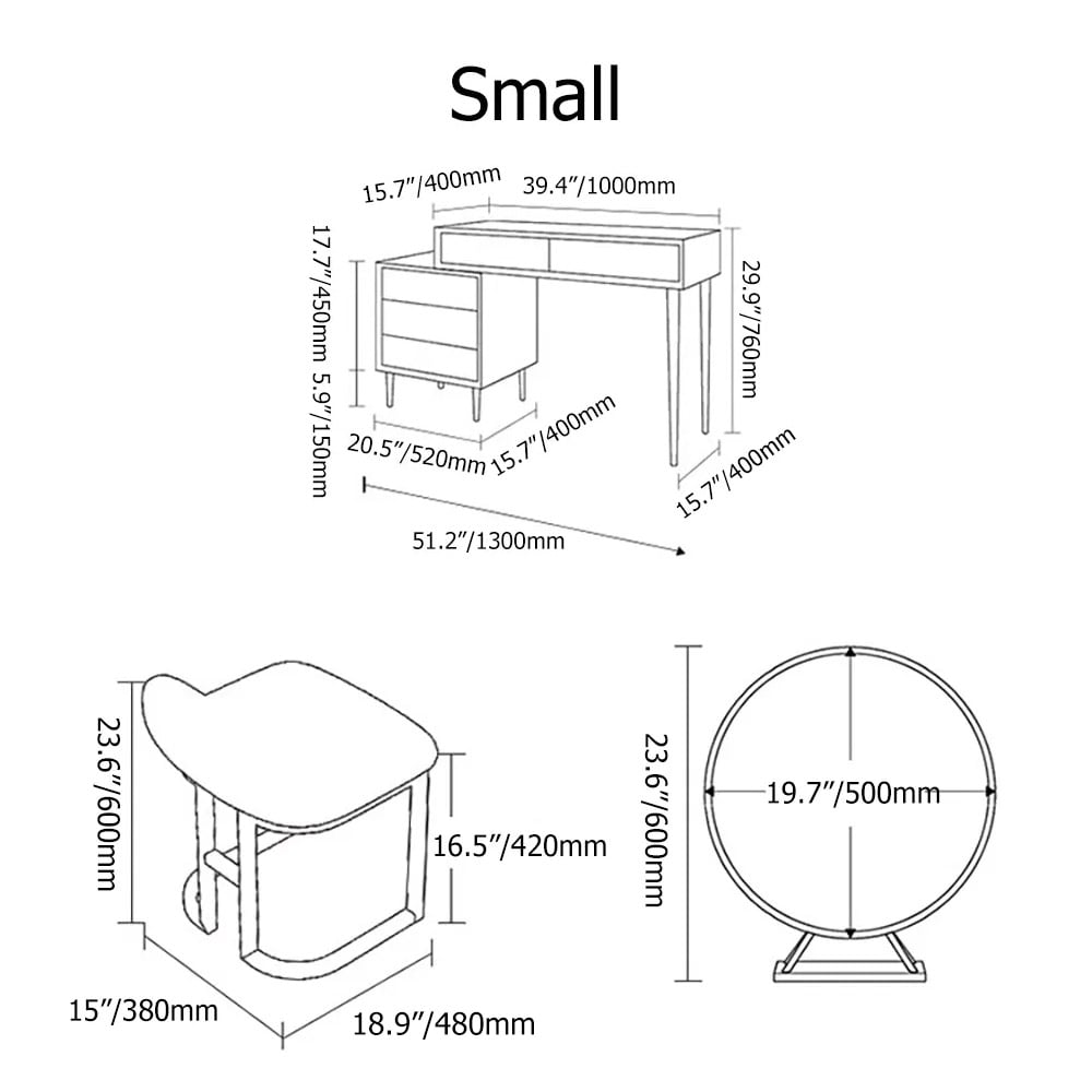 Modern Blue Makeup Vanity Set Retracted Dressing Table Cabinet&Stool&Mirror Included weights dimensions image