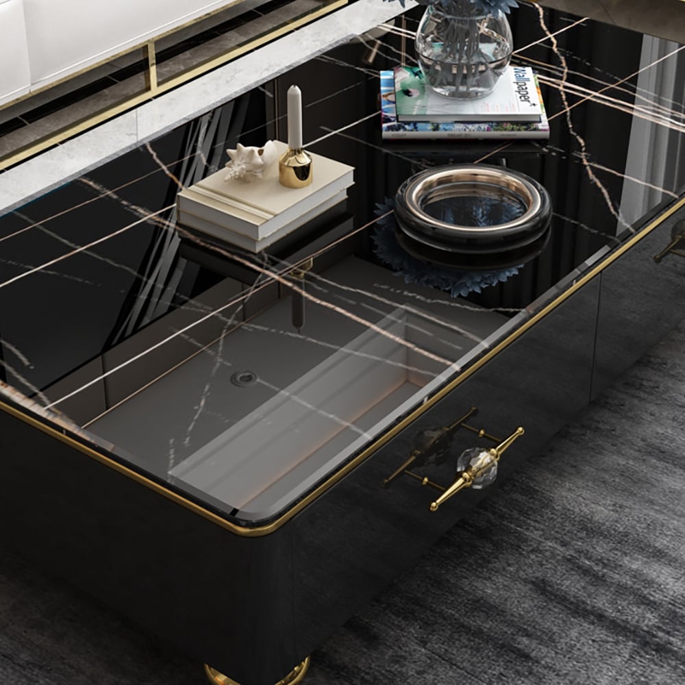 Questions et Réponses pour Table basse moderne en marbre Chift 1300 mm avec tiroirs de rangement, pieds en acier inoxydable doré