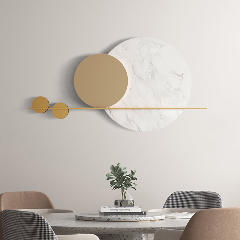 Domande e risposte per Decorazione da parete moderna geometrica in metallo rotondo da 47,2 pollici in oro e bianco per soggiorno