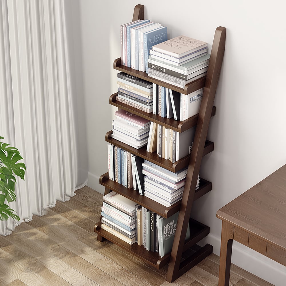 Questions et Réponses pour Bibliothèque à échelle moderne à 5 niveaux en bois massif en noyer