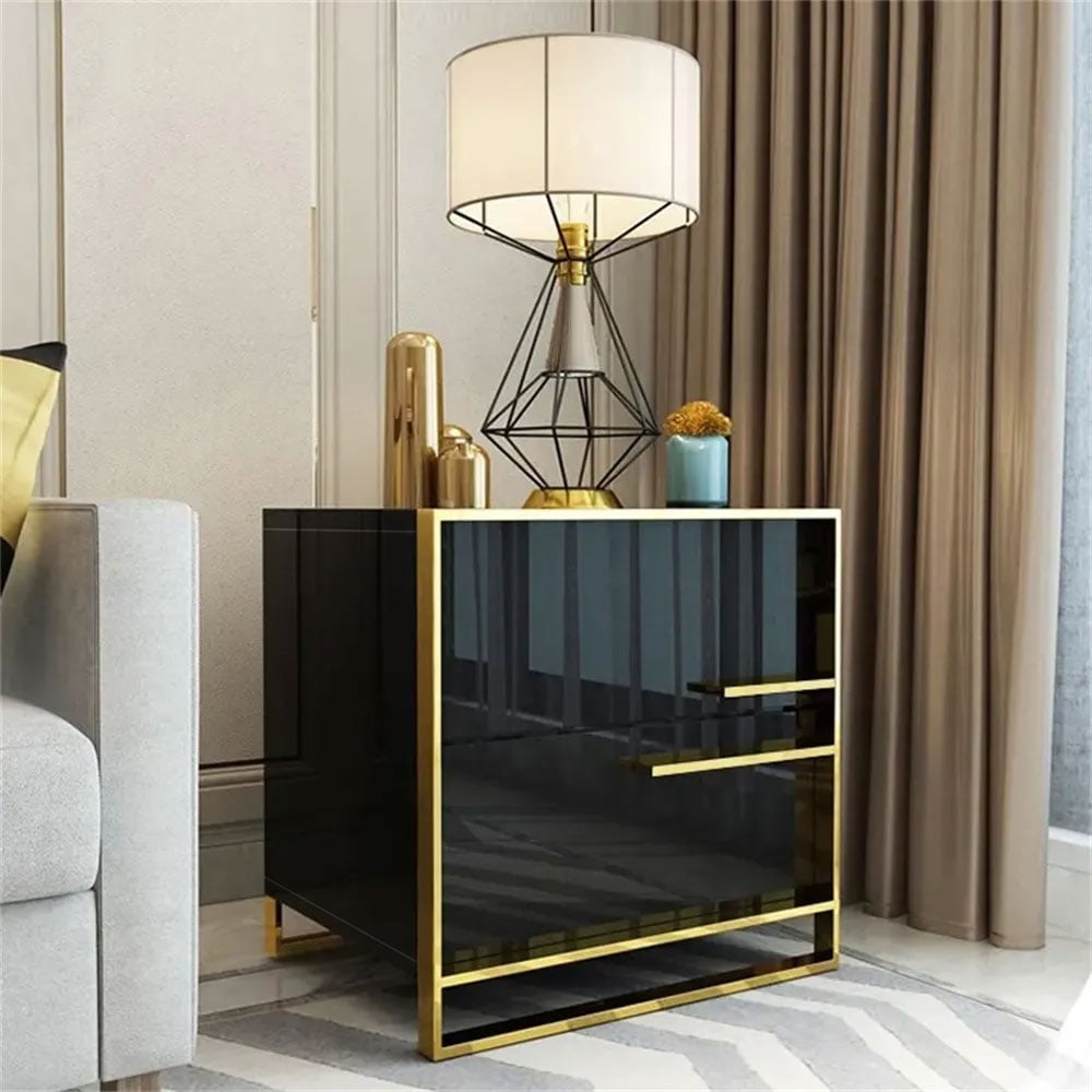 Questions and Answers for Cylina Modern 2 Drawers Black Lacquer Bedside Table in Gold