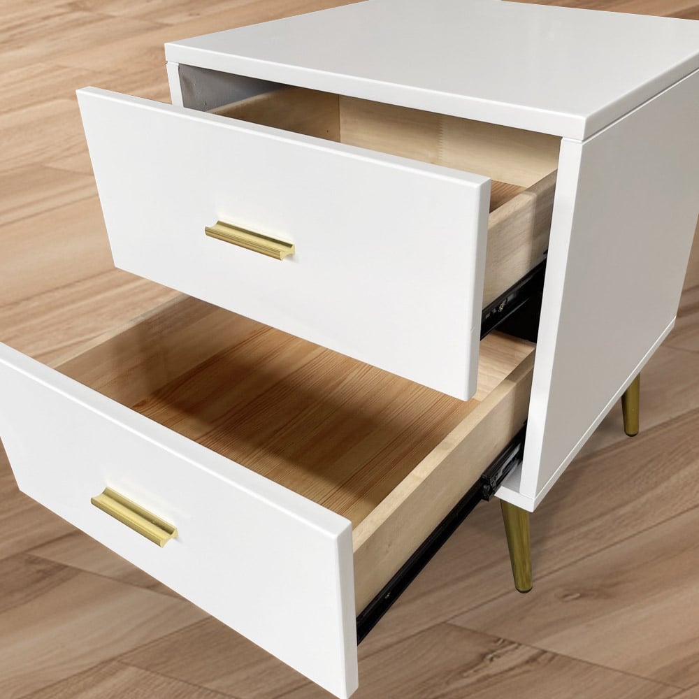 Questions and Answers for Modern Wood Bedside Table with Gold Legs 2-Drawer Nightstand in White