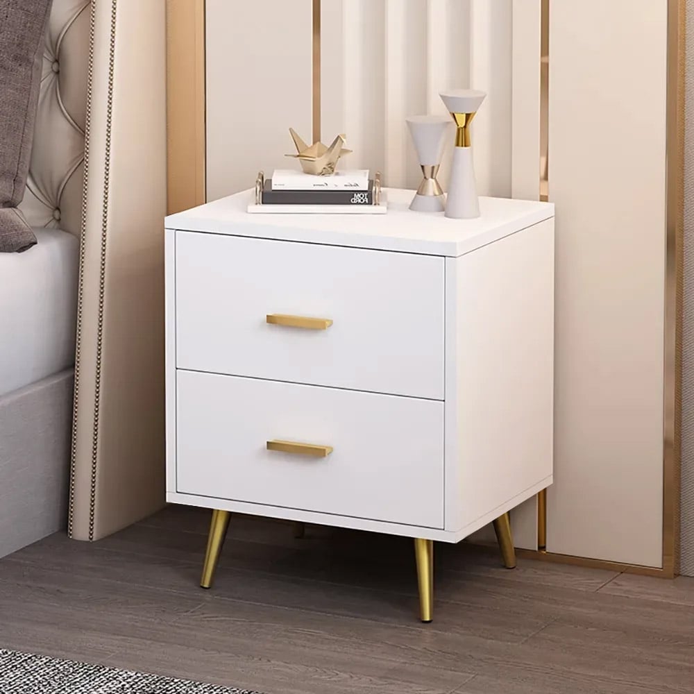 Questions and Answers for Modern Wood Bedside Table with Gold Legs 2-Drawer Nightstand in White