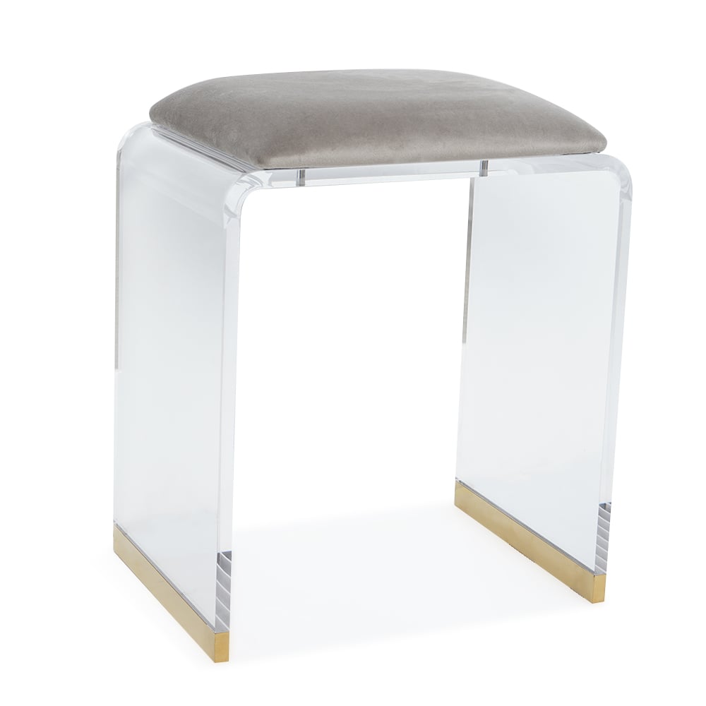Questions and Answers for Velvet Upholstered and Acrylic Frame Dressing Table Stool Grey and Clear Ottoman