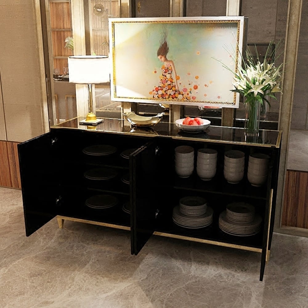 Pytania i odpowiedzi dla 59" Prostokątny czarny kredens bufet ze szkła hartowanego, górna szafka 4 drzwi i 2 półki