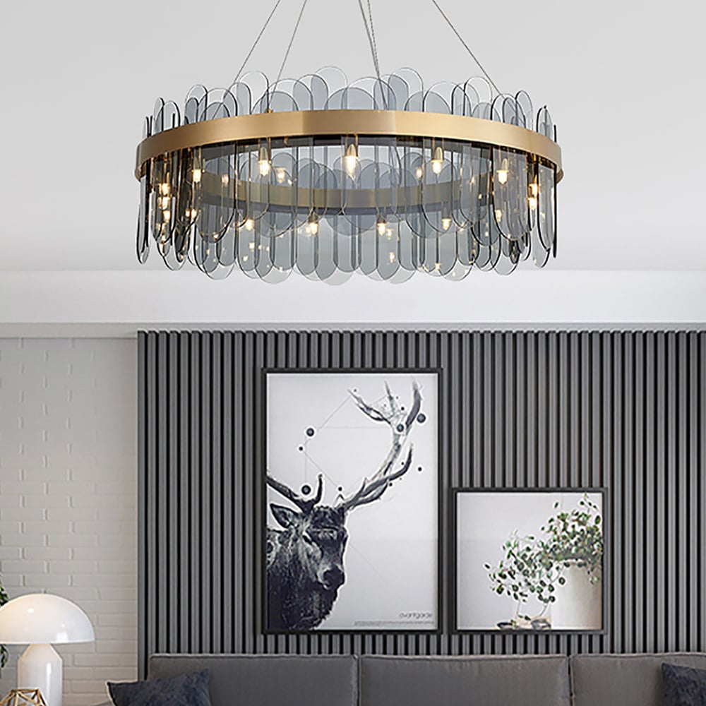 Questions and Answers for Modern Round 10-Light Tiered Smokey Gray Glass Chandelier