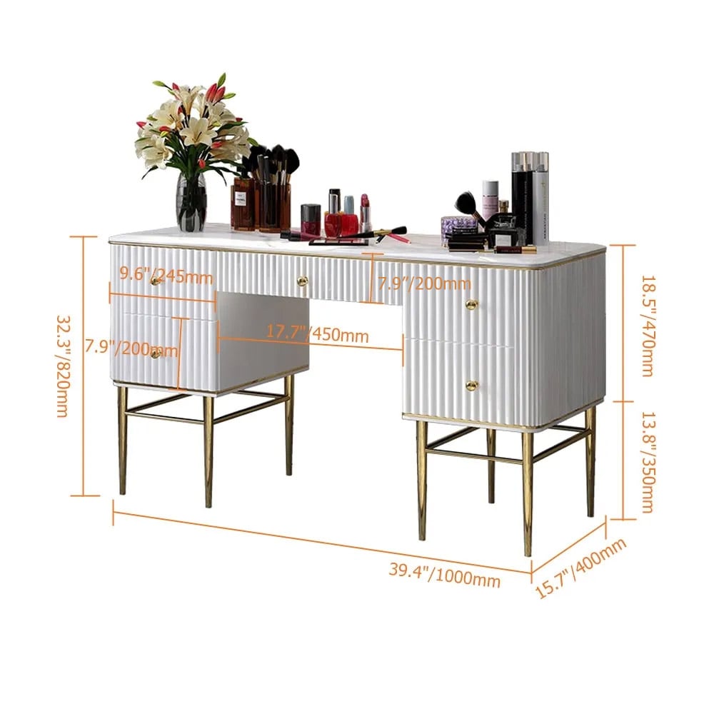 Bline White Makeup Vanity Table Marble Dressing Table with Drawers Gold Stainless Steel weights dimensions image