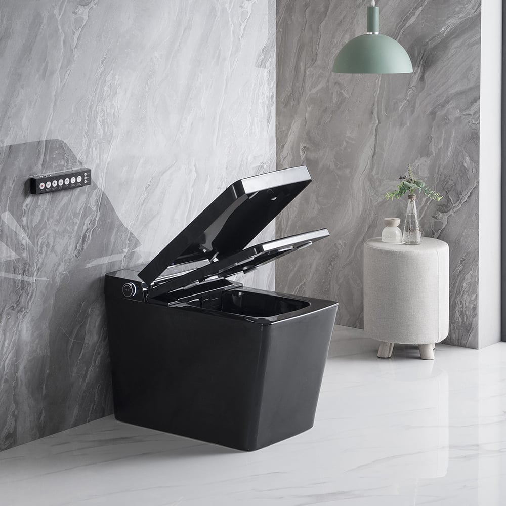 Questions et Réponses pour Toilette carrée monobloc intelligente noire avec télécommande et couvercle automatique