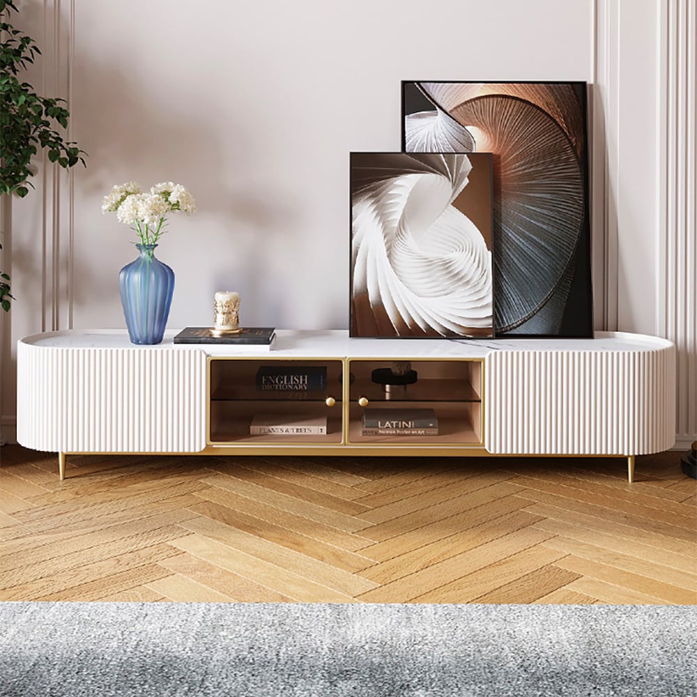 Questions and Answers for Palley Modern Oval TV Stand Console with Storage & Glass Doors White for TV Up to 2160mm