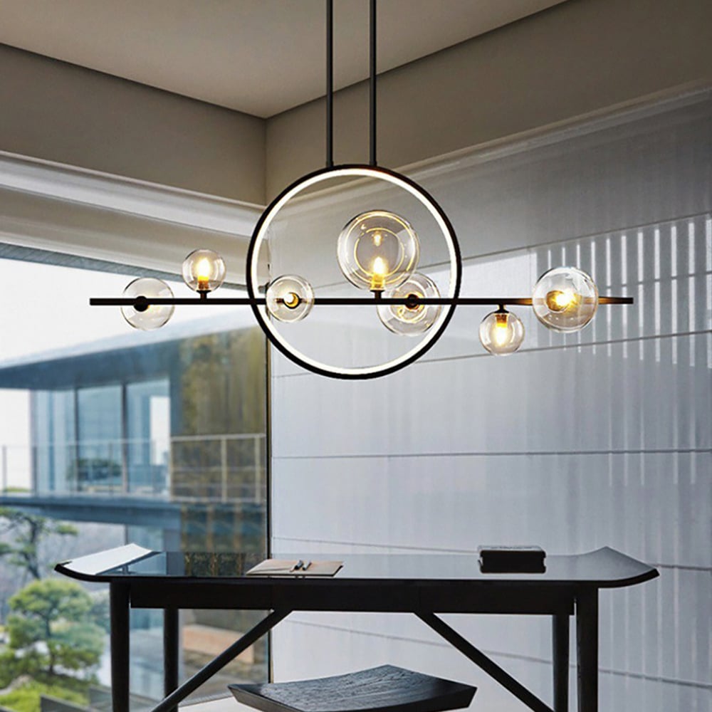 Questions and Answers for Bubi Minimalist 7-Light Glass Globe Shade Black Kitchen Island Light for Dining Room