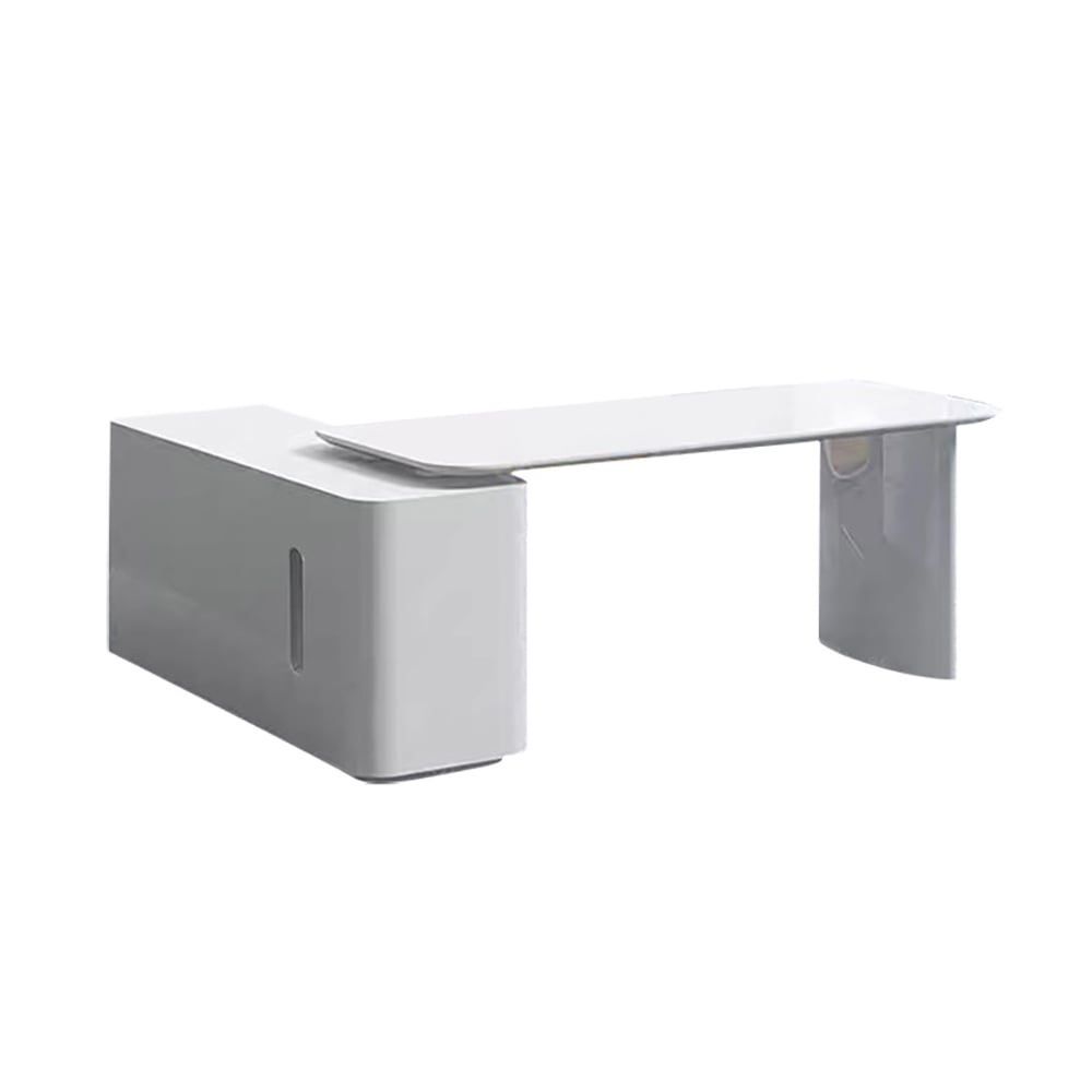 Questions et Réponses pour Bureau exécutif blanc en forme de L grand bureau à domicile, tiroirs et armoires de rangement pour la main droite