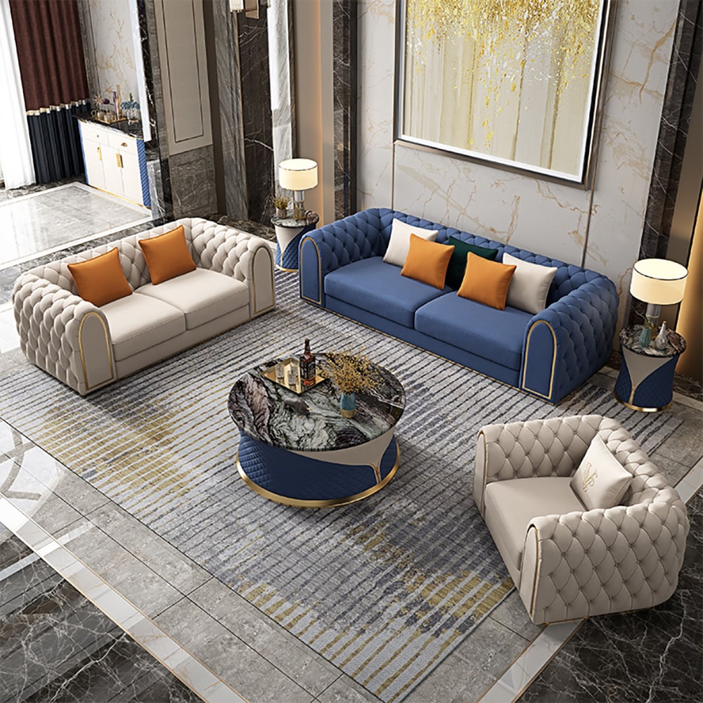 Questions and Answers for 3-Piece Blue & Beige Luxury Velvet Upholstered Chesterfield Sofa Living Room Set