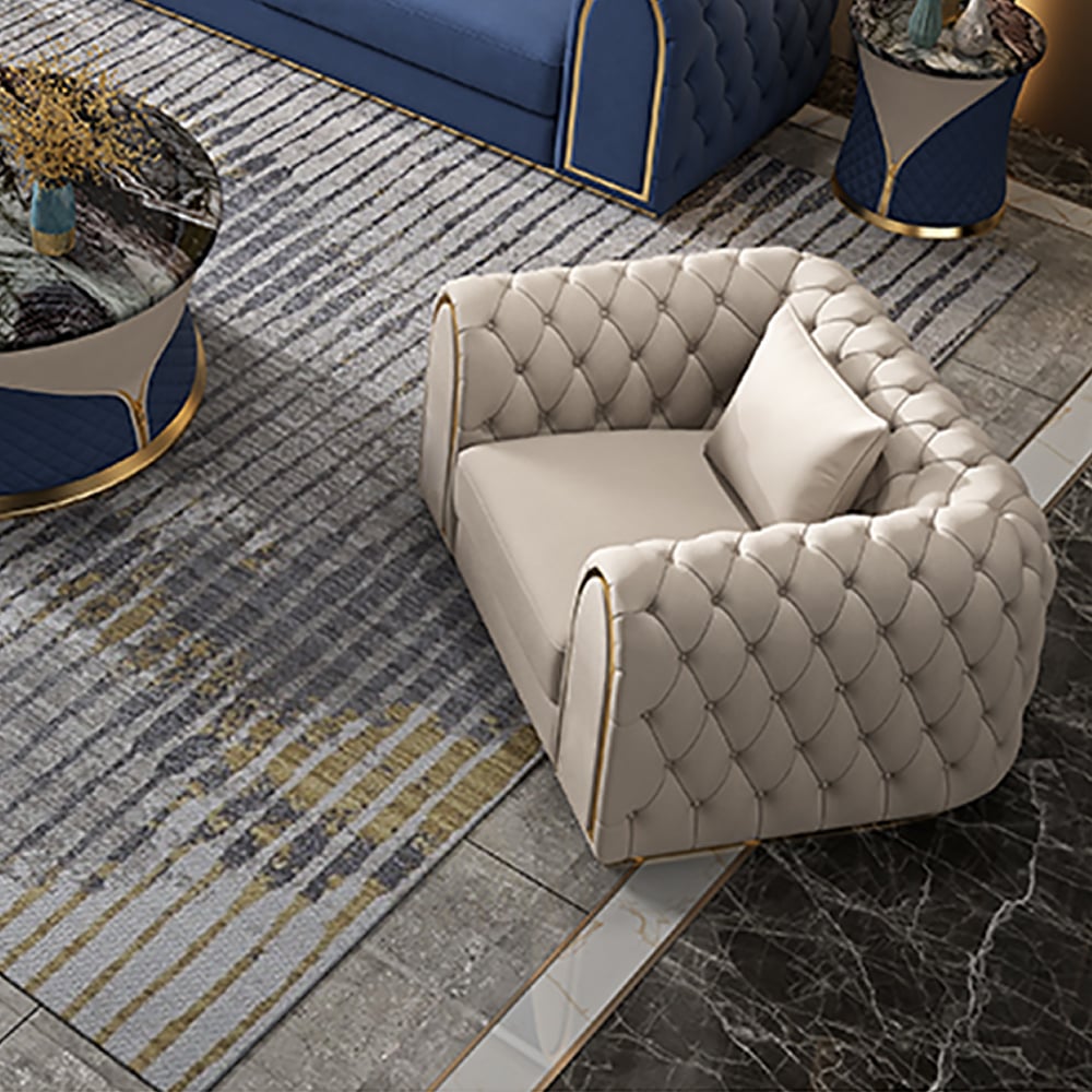 Questions and Answers for 3-Piece Blue & Beige Luxury Velvet Upholstered Chesterfield Sofa Living Room Set