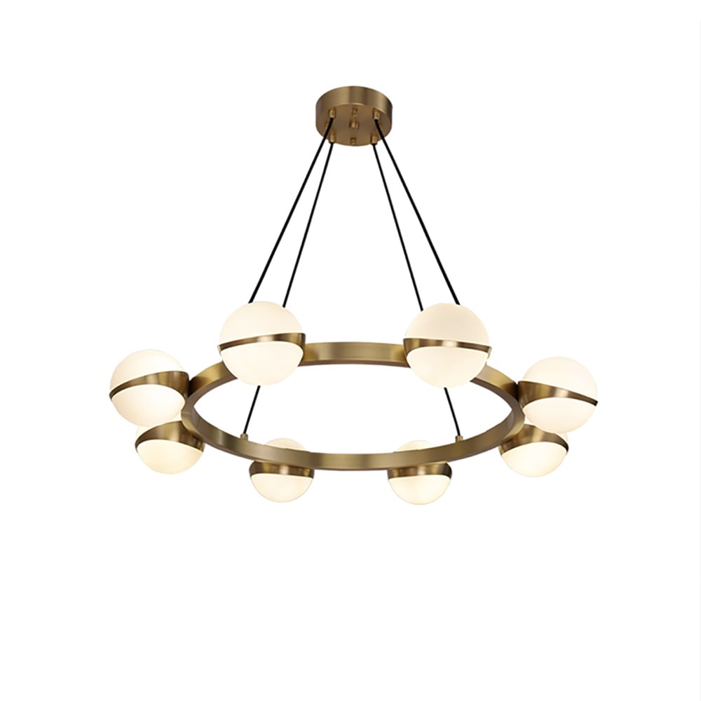 Questions et Réponses pour Lustre moderne à 8 lumières avec cadre rond en laiton