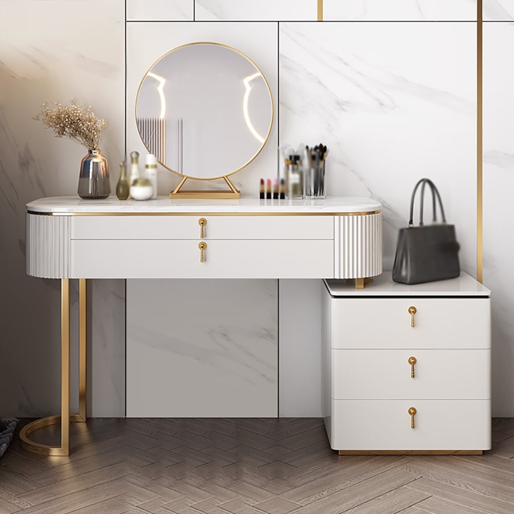 Questions et Réponses pour Pewter Coiffeuse Blanc Moderne à 5 Tiroirs et Armoire Latérale