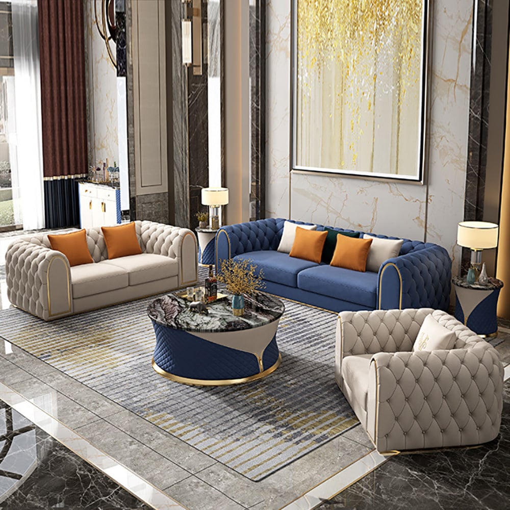 Questions and Answers for 3-Piece Blue & Beige Luxury Velvet Upholstered Chesterfield Sofa Living Room Set