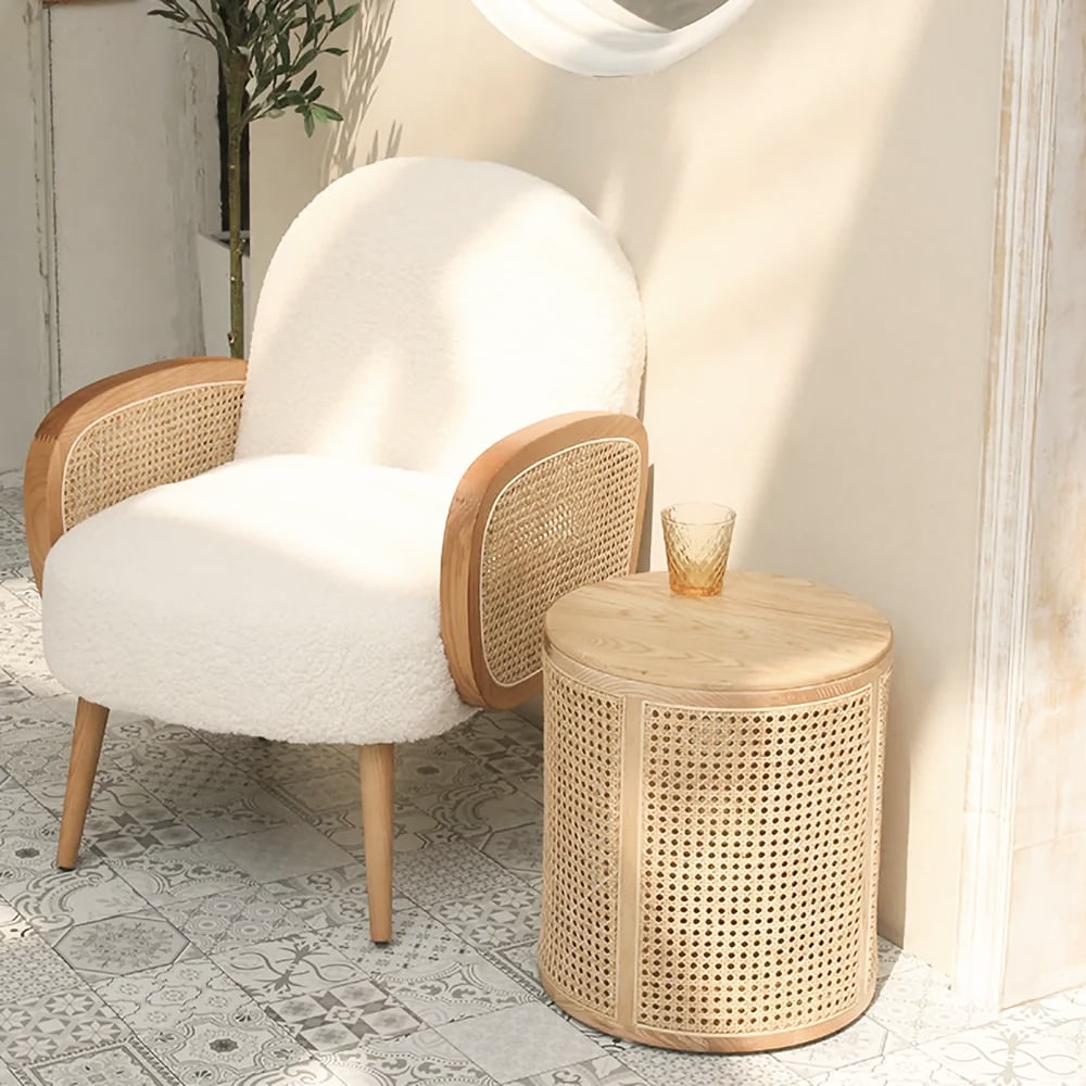 Questions and Answers for Japandi Round End Table with Storage Rattan Side Table