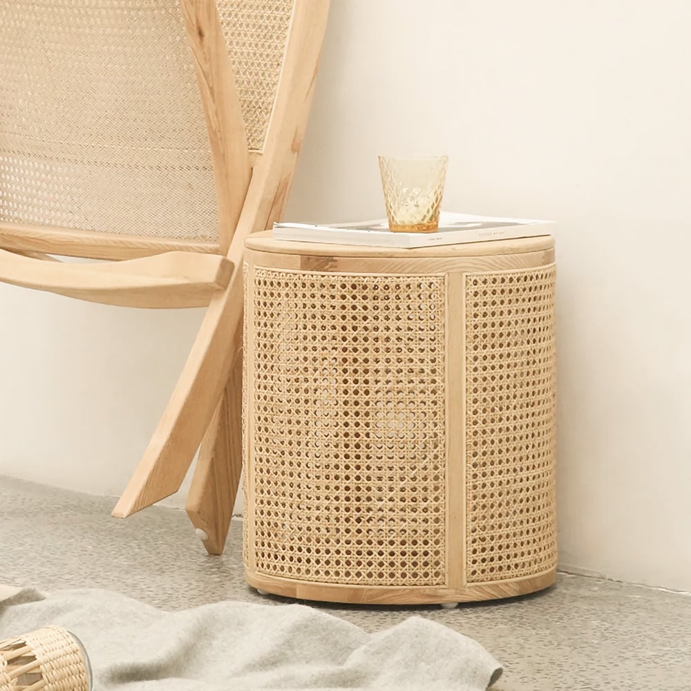 Questions and Answers for Japandi Round End Table with Storage Rattan Side Table