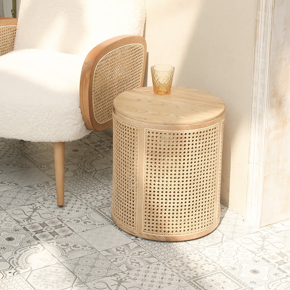 Questions and Answers for Japandi Round End Table with Storage Rattan Side Table