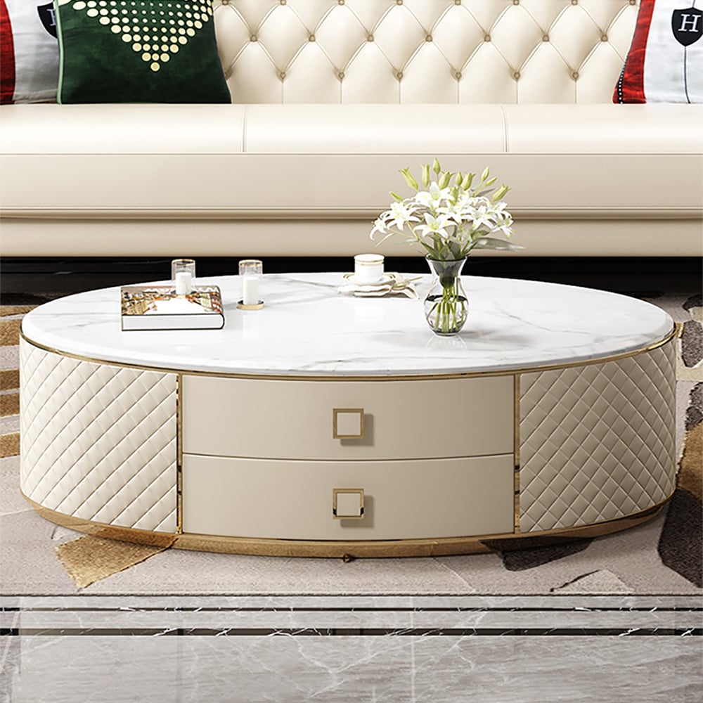 Questions and Answers for Modern White Oval Sintered Stone Top Coffee Table Microfiber Leather with 2 Drawers