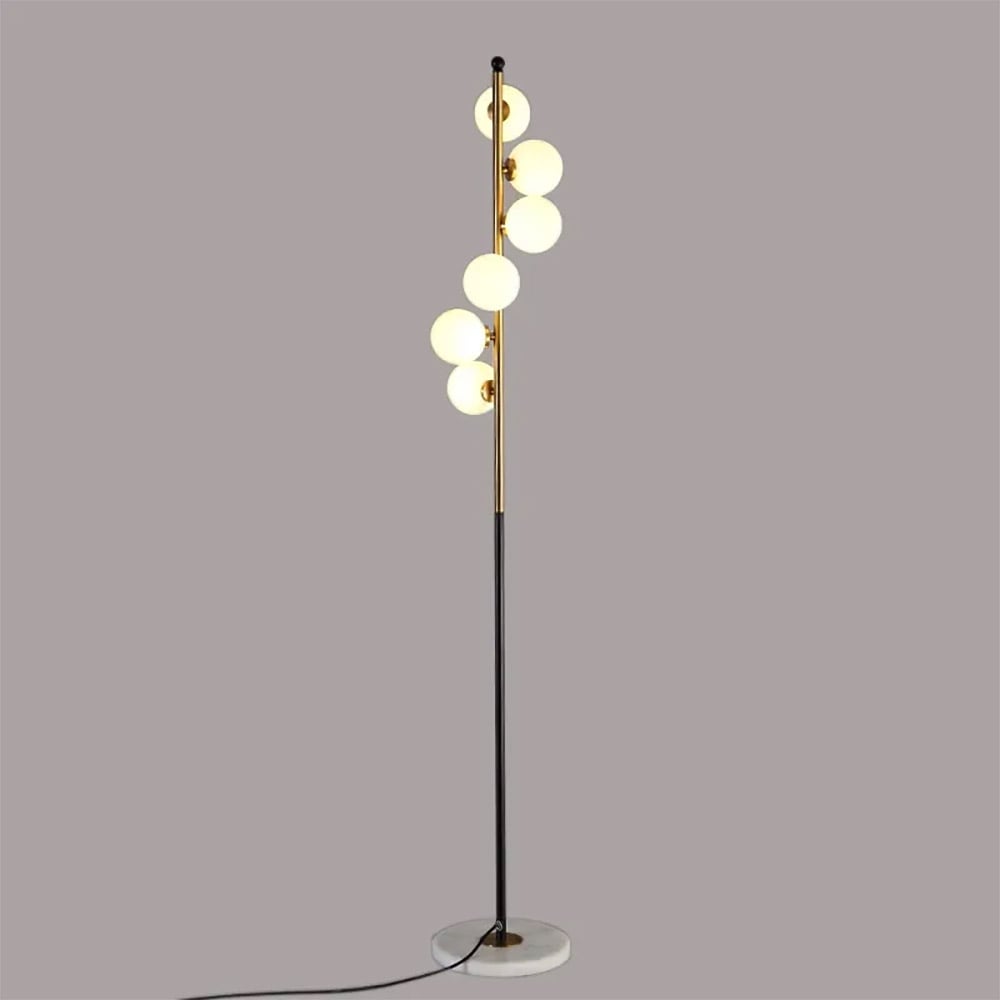 Questions and Answers for Modern Minimalist White Globe Glass Shade 6-Light Floor Lamp with Round Marble Base in Black and Gold