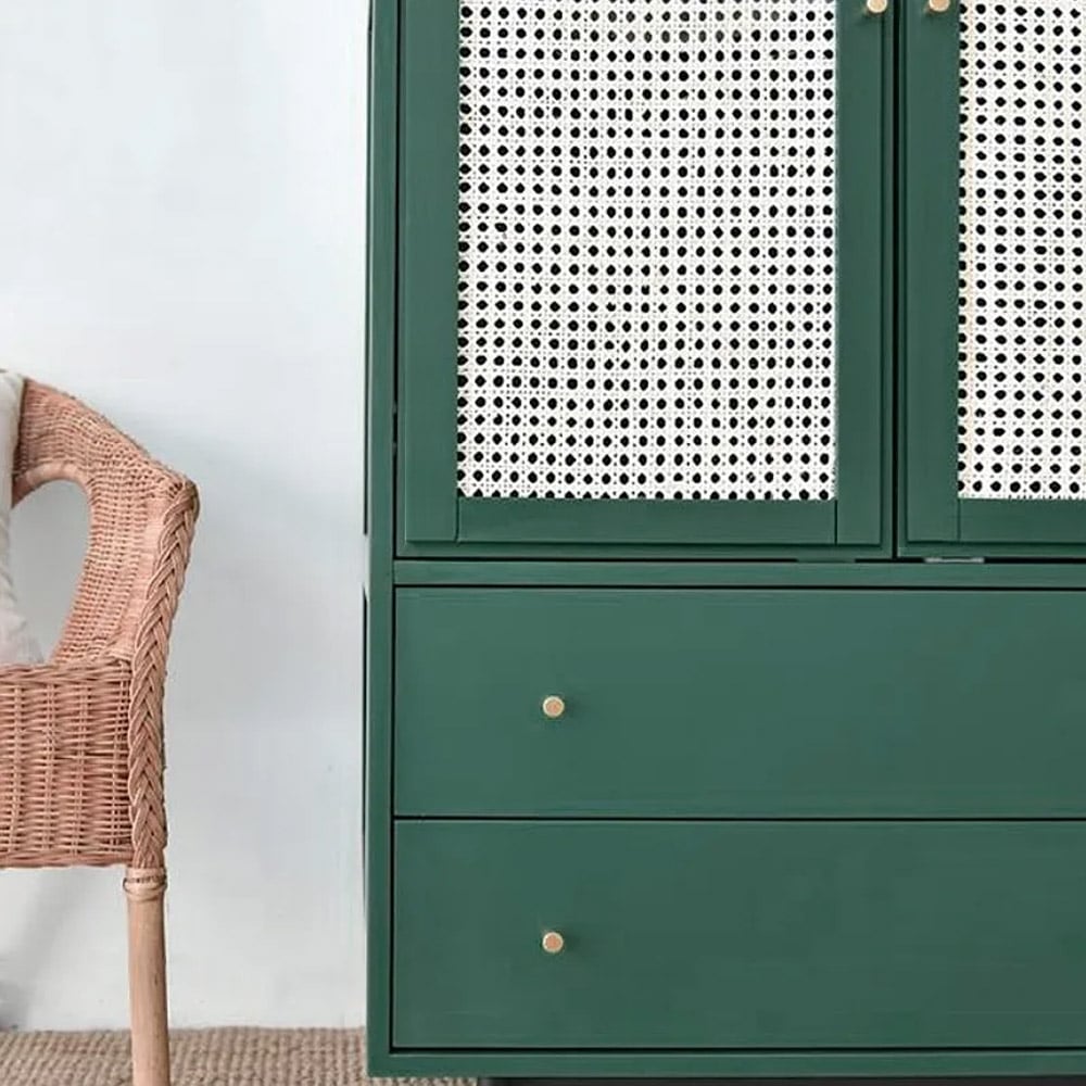 Questions and Answers for Ratta Green Wardrobe Closet Rattan Armoire Clothes Cabinet with 2 Drawers & 2 Doors