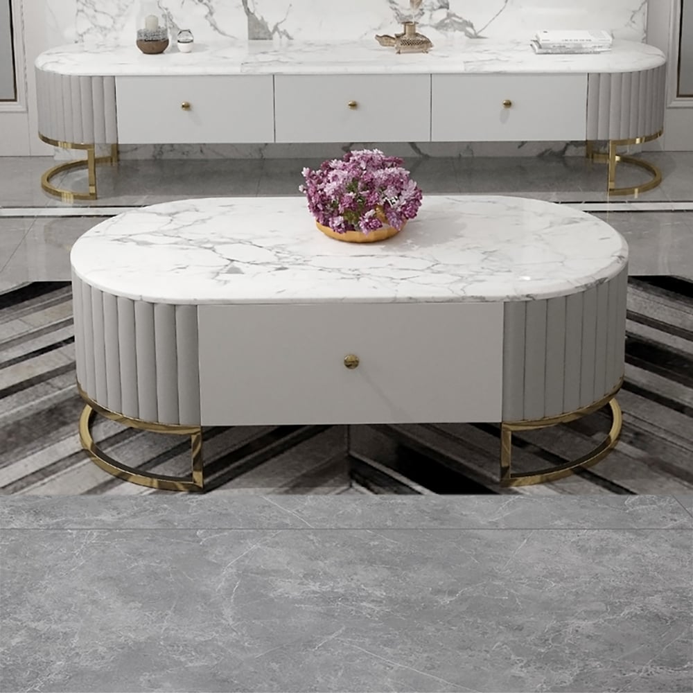 Questions and Answers for Zexture Modern White Sintered Stone Coffee Table & TV Stand Set Media Console Set of 2