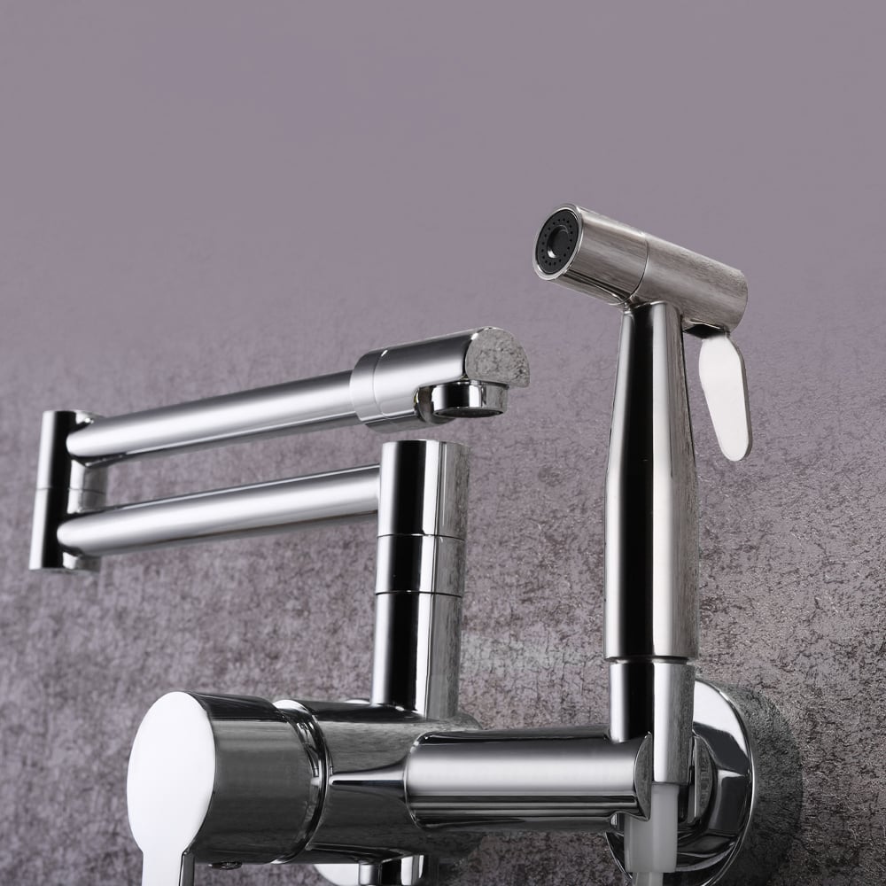 Oceny klientów dla Nowoczesny chowany naścienny wypełniacz do garnków Chromowany kran kuchenny ze sprayem