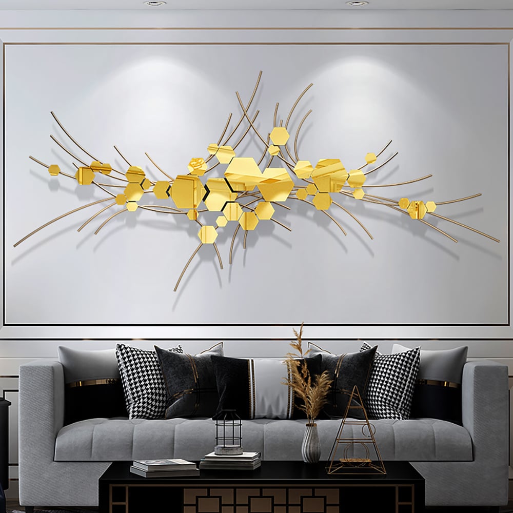 Questions et Réponses pour Décoration murale géométrique de luxe en métal de 1500 mm, lignes incurvées, art de maison dans un salon doré