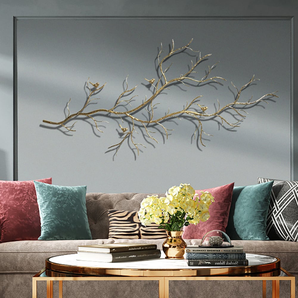 Avis Clients sur Décoration murale créative de luxe en forme de branche et d'oiseaux en métal doré pour la maison dans le salon