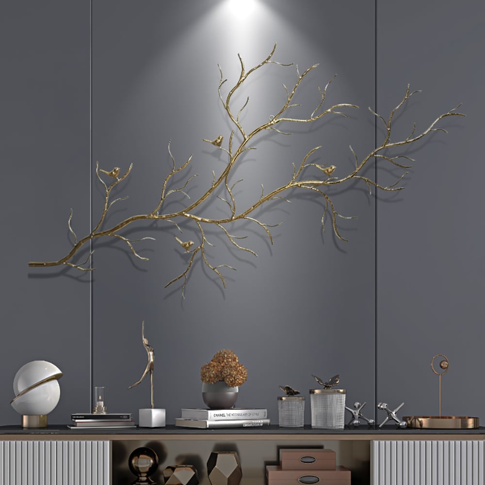 Avis Clients sur Décoration murale créative de luxe en forme de branche et d'oiseaux en métal doré pour la maison dans le salon