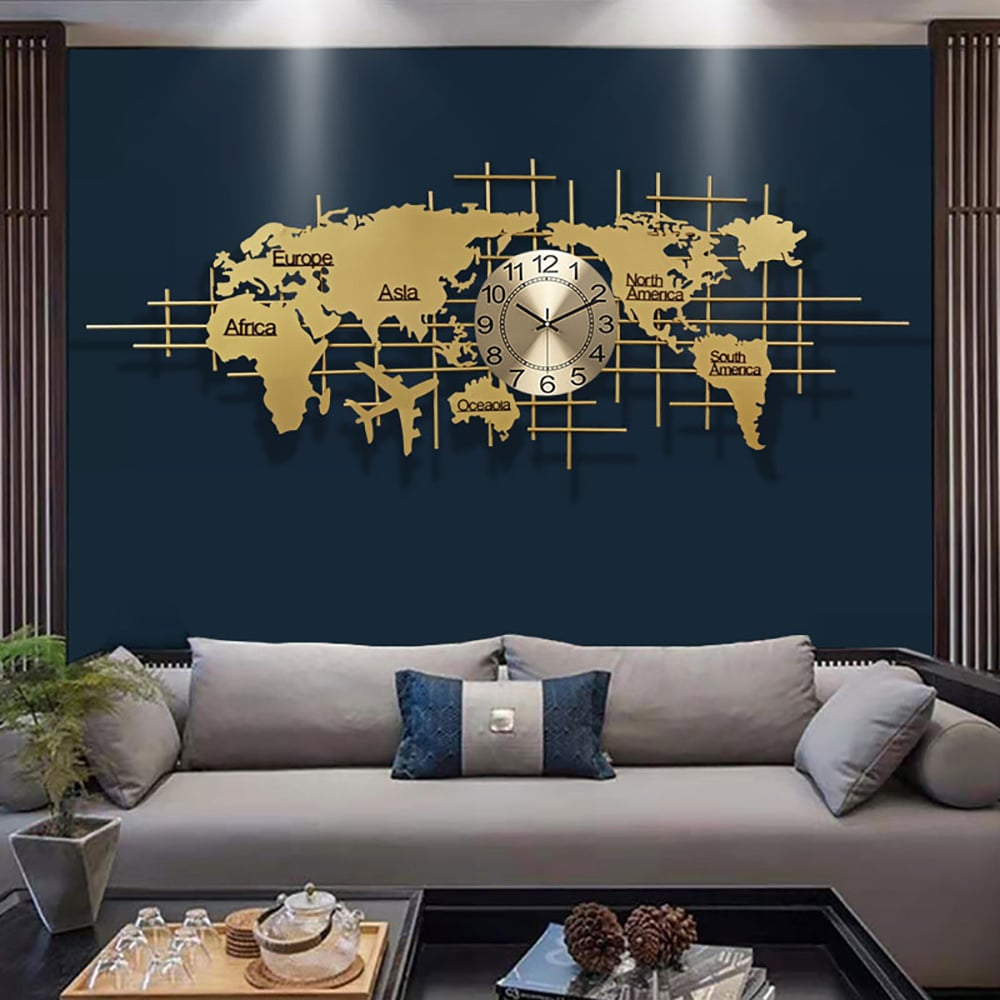 Avis Clients sur Horloge murale de luxe en métal doré surdimensionnée avec carte du monde 1500 mm x 580 mm