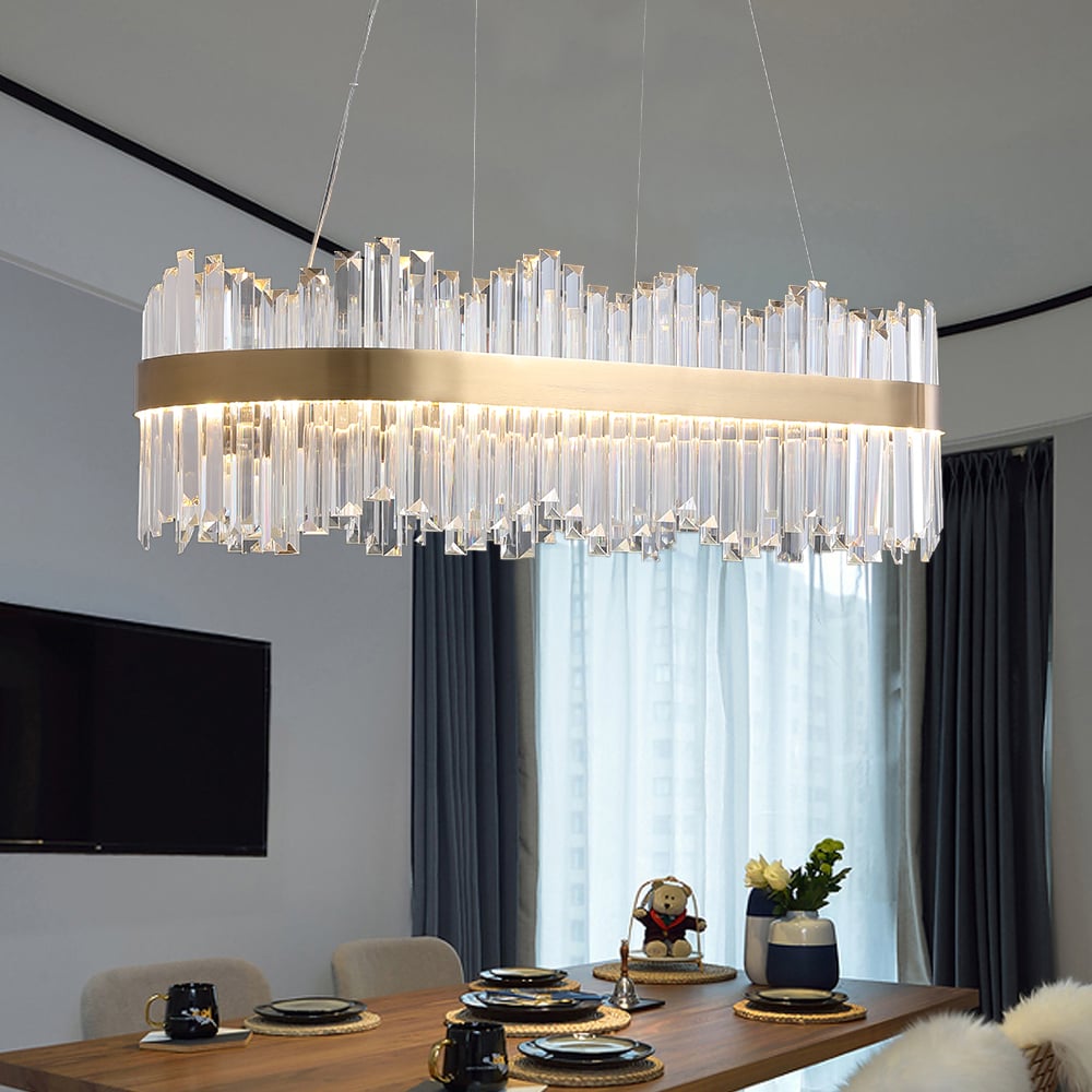 Questions et Réponses pour Crystina Ilot de cuisine en cristal à LED ovale en laiton avec tubes en forme de tube