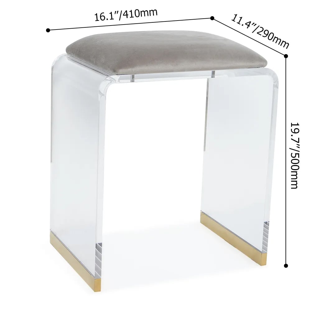 Velvet Upholstered and Acrylic Frame Makeup Vanity Stool Gray and Clear Ottoman weights dimensions image