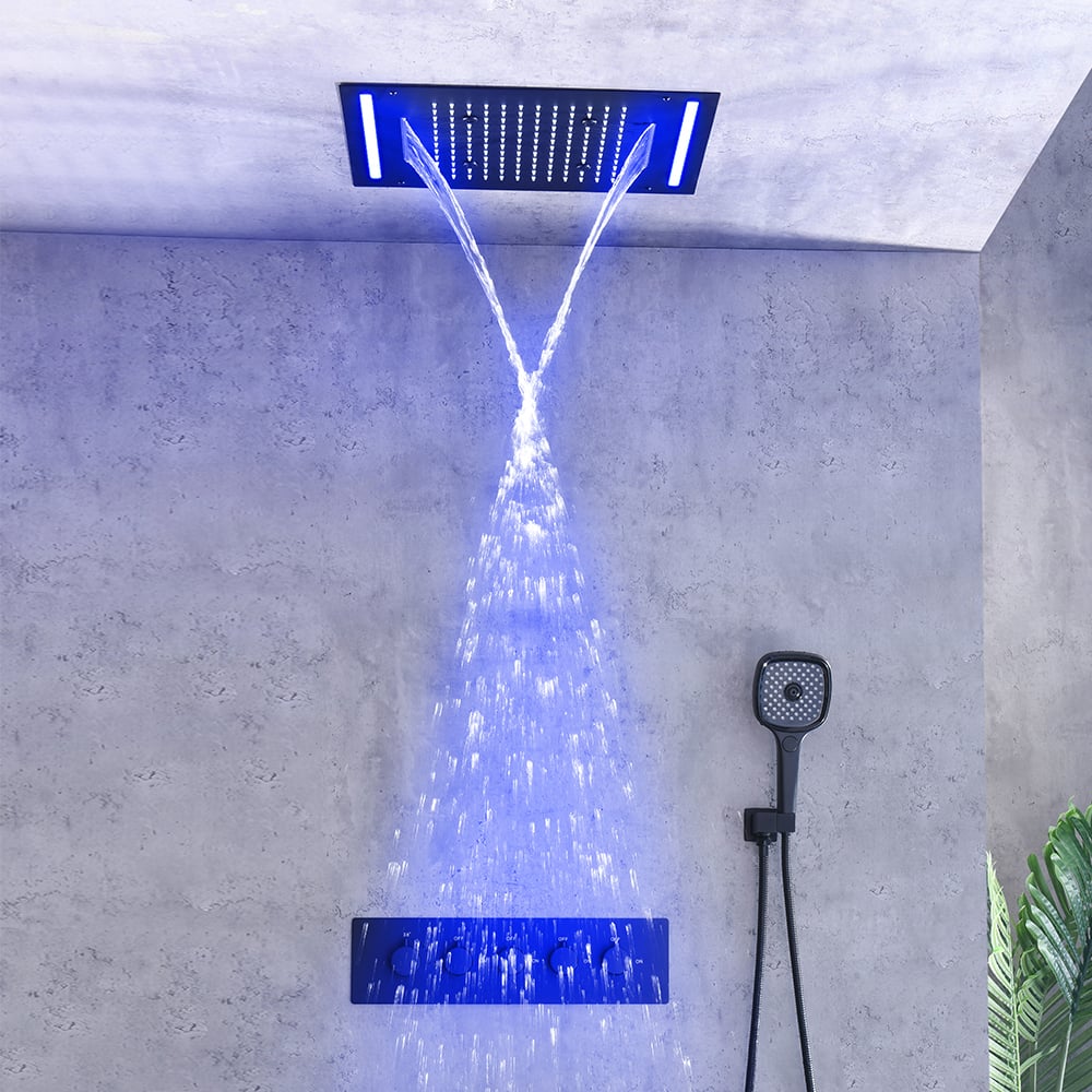 Pytania i odpowiedzi dla Naścienny zestaw prysznicowy 500 mm, deszczownica typu Rainfall, 4 funkcje, termostatyczny, matowa czerń