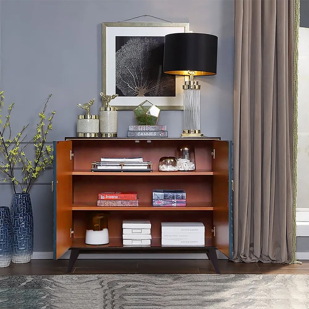 Questions et Réponses pour Buffet moderne en bois de pin bleu paon de 1020 mm avec 2 portes