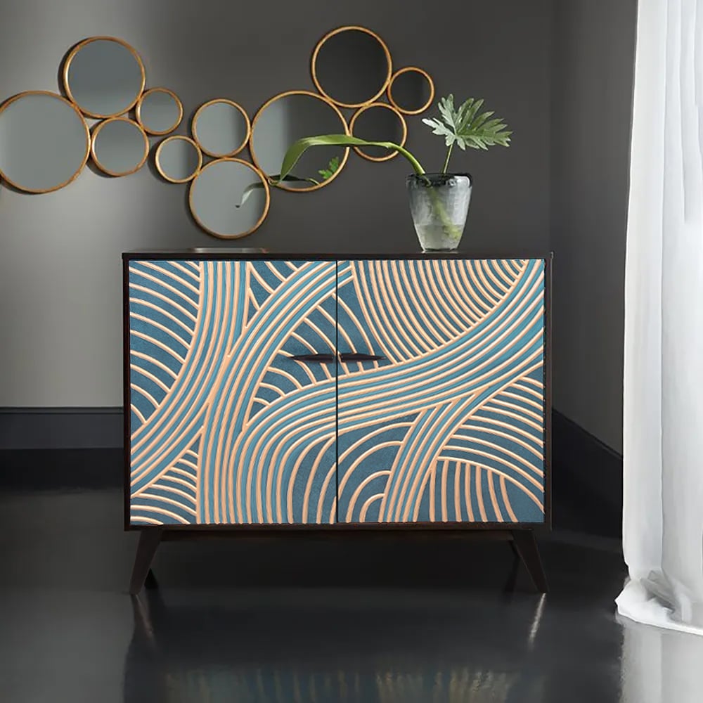 Questions et Réponses pour Buffet moderne en bois de pin bleu paon de 1020 mm avec 2 portes