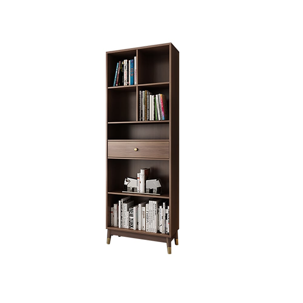 Ultic Modern Walnut Bookshelf Bookcase with Metal Frame and Drawer