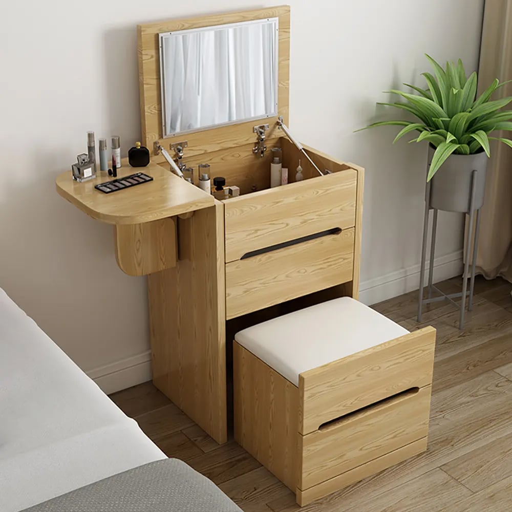 Questions and Answers for Nordic Flip Top Natural Makeup Vanity Mini with Stool & Mirror