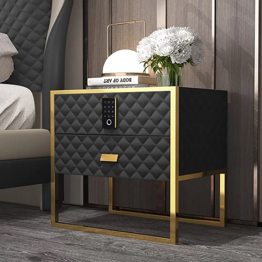 Questions and Answers for Black 2 Drawers Bedroom Nightstand with Electronic Lock Stainless Steel Base