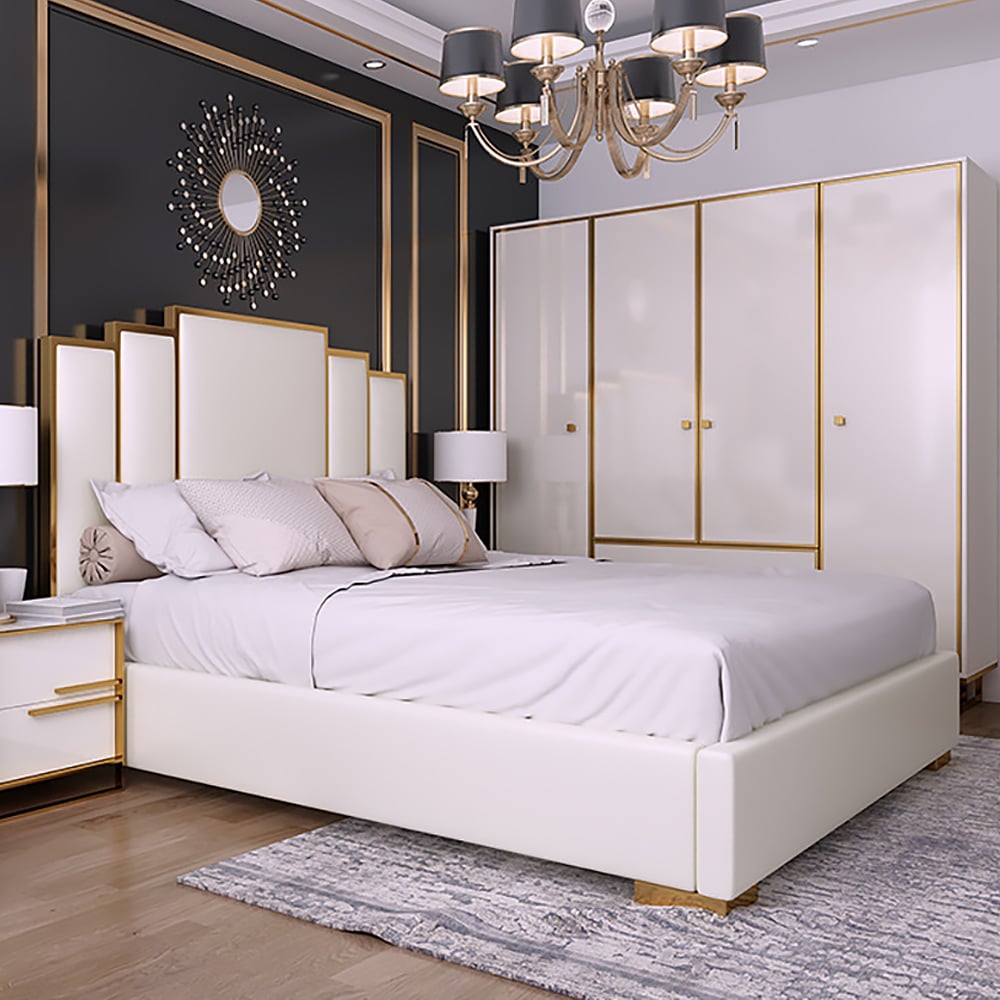 Questions and Answers for Modern Faux Leather Queen Upholstered Bed in White Geometric Headboard Included