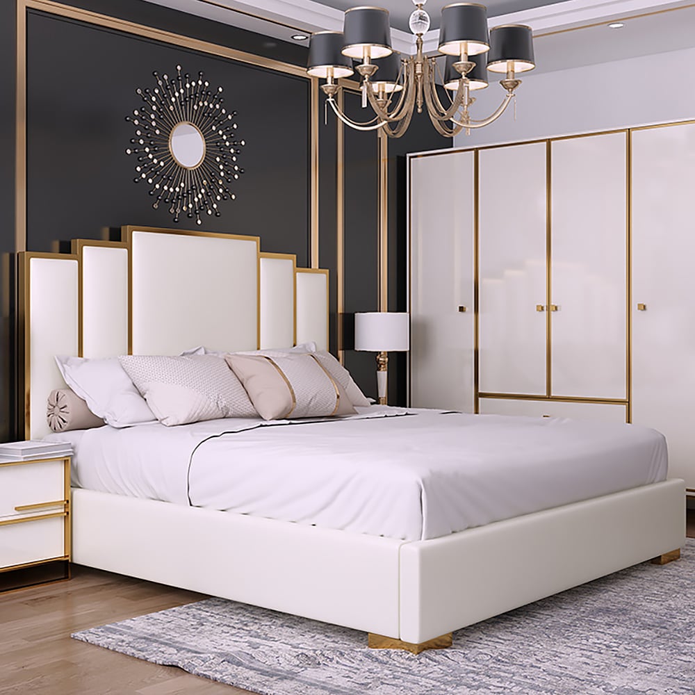 Questions and Answers for Modern Faux Leather Queen Upholstered Bed in White Geometric Headboard Included