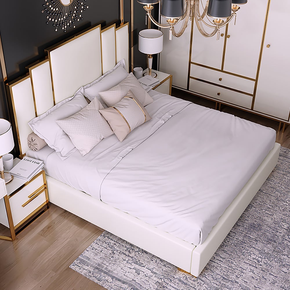 Questions and Answers for Modern Faux Leather Queen Upholstered Bed in White Geometric Headboard Included